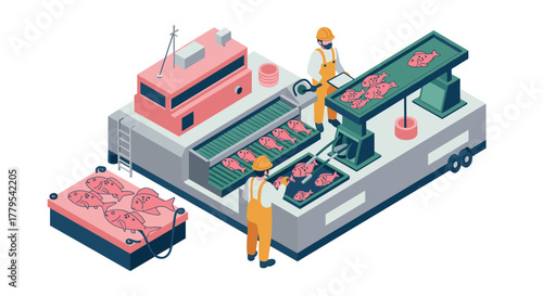Isometric fish processing factory scene with workers and machinery on conveyor belts