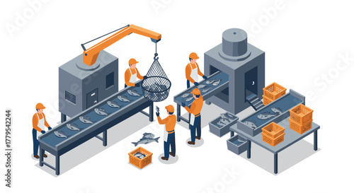 Isometric factory process with workers sorting and processing fish in industrial setting