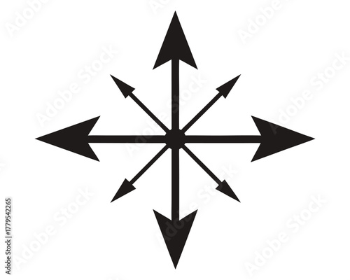 Compass rose illustration with eight directions pointing outwards on white background
