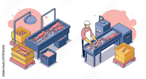 Isometric seafood processing factory scene with squids and worker in protective gear