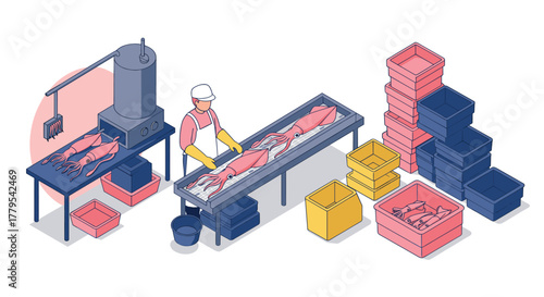 Isometric seafood processing scene with worker handling squid and industrial equipment