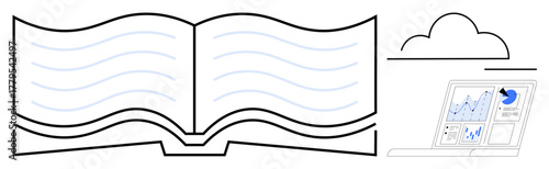 Open book with wavy lines symbolizing knowledge, laptop presenting charts and analytics under a cloud. Ideal for education, learning, technology, research, cloud computing, data analysis, digital