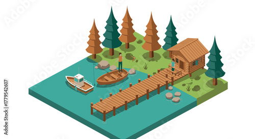 Isometric lakeside cabin with wooden dock, boats, and pine trees in autumn colors