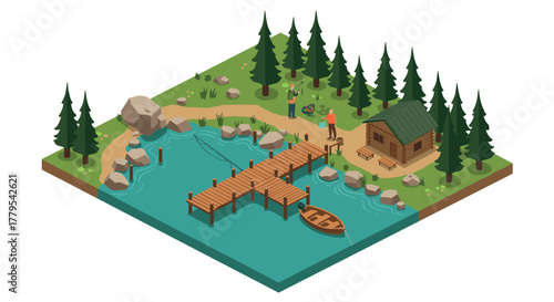 Peaceful lakeside cabin retreat with pine trees and pier in isometric style