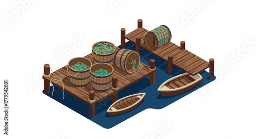 Rustic wooden dock with boats and barrels in isometric design