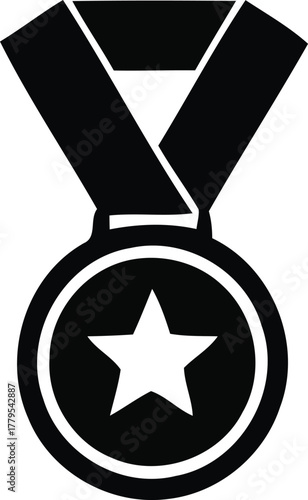 Black medal icon with white star symbol for achievement and success on dark background