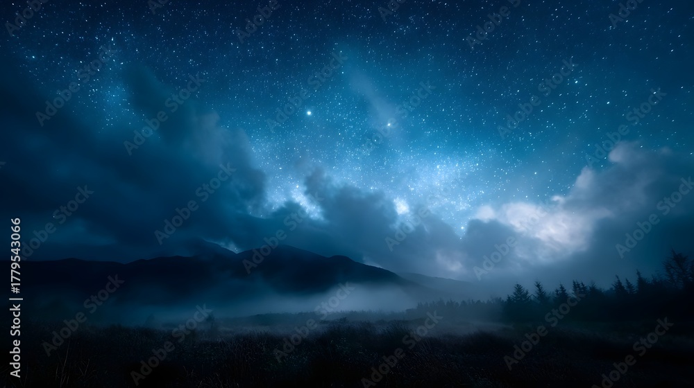 Fototapeta premium Starry night sky with glowing clouds and mist over mountains