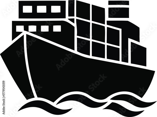 Cargo ship icon with stacked containers sailing on ocean waves in dark silhouette.