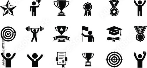 Eighteen monochrome pictograms depicting different concepts for user interface development