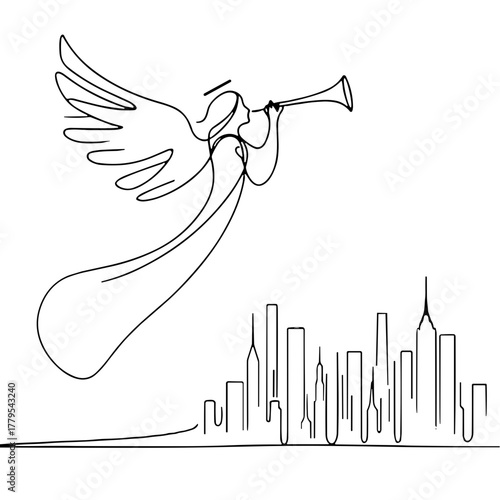 Angel with a trumpet over the city Biblical Christmas Scenes outline / minimal linear vector