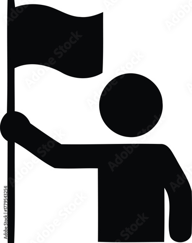 Figure holding flag icon silhouette for achievement goal or success concept.