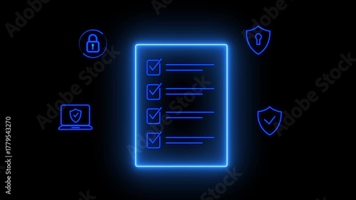 A digital checklist displayed on a glass-like panel, surrounded by security icons symbolizing data protection, privacy, and online safety. Glowing neon background, Motion graphics of data concept 4K