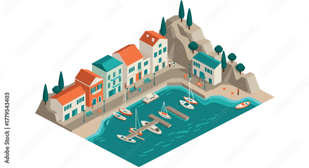 Naklejka premium Charming coastal village with boats and colorful houses in isometric style