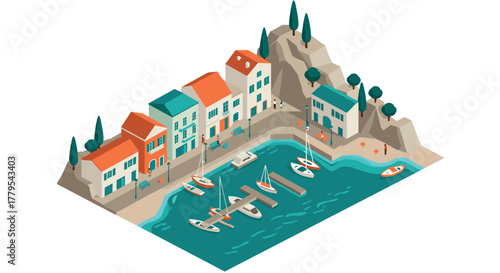 Charming coastal village with boats and colorful houses in isometric style