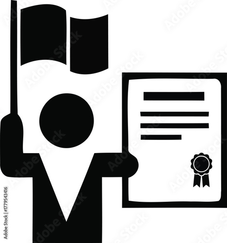 Icon of a figure holding a flag and a document symbolizing success and recognition