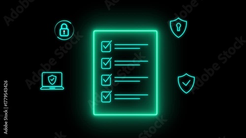 A digital checklist displayed on a glass-like panel, surrounded by security icons symbolizing data protection, privacy, and online safety. Glowing neon background, Motion graphics of data concept 4K