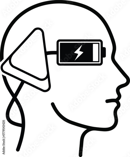 Human head profile silhouette with charging brain battery and connected earbud.