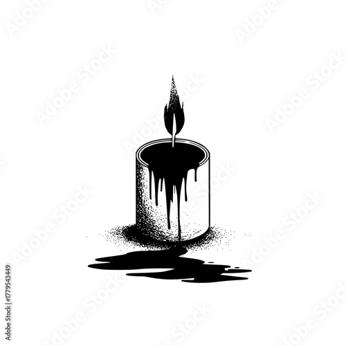 A black and white illustration of a paint can with black paint dripping and a flame on top of it