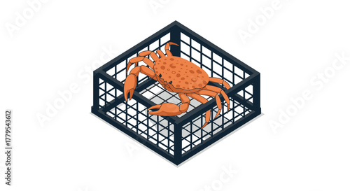 Isometric crab in cage detailed marine life design for modern ecothemes
