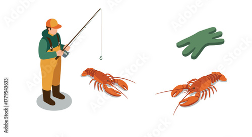 Isometric fisherman catching lobsters with fishing rod and glove