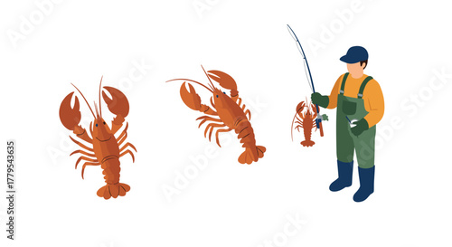 Fishing adventure with lobster haul and angler in flat cartoon style