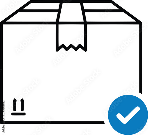 Outline icon of a package box with a blue checkmark indicating successful delivery