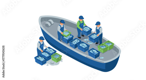 Isometric fishing boat with crew sorting fresh catch in baskets