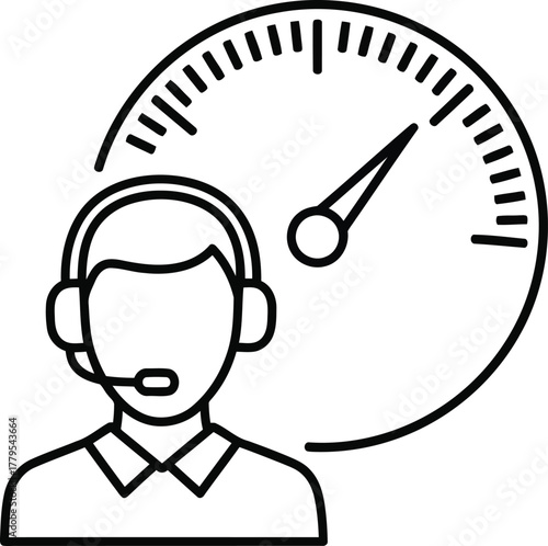 Outline icon of customer support agent with headset and performance speed meter