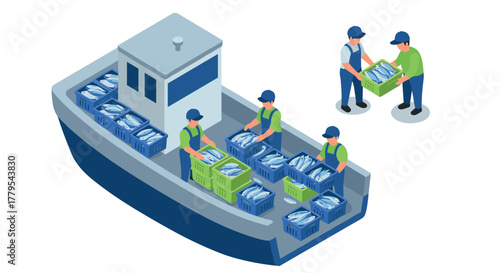 Isometric fishing boat scene with workers loading fish crates