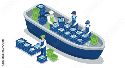 Isometric fishing boat with workers sorting fresh catch in crates