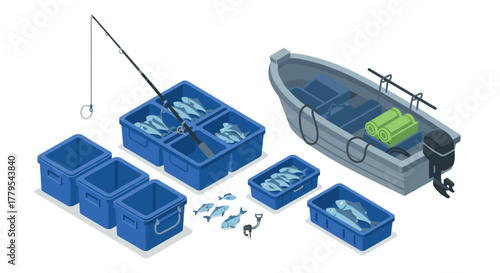 Isometric fishing equipment with boat and fish containers detailed setup