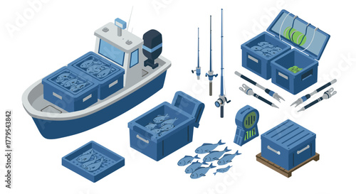 Isometric fishing equipment and fresh catch—boat, gear, and seafood containers