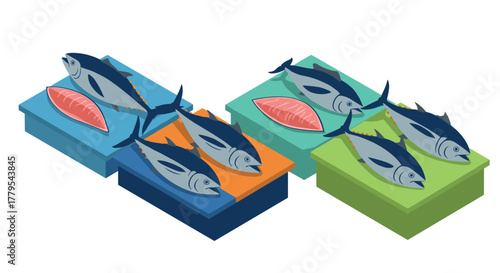 Fresh seafood display with tuna and salmon on colorful boxes in isometric style
