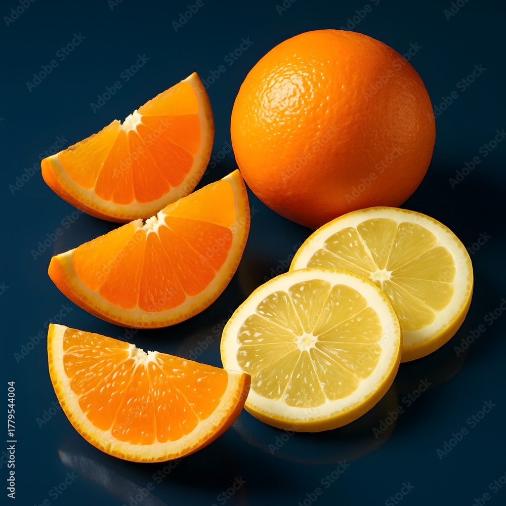Fototapeta premium Freshly sliced oranges and lemons arranged on a dark blue background, showcasing vibrant citrus colors and textures
