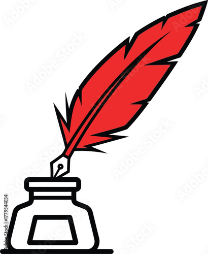 Red feather quill pen dipping into a classic inkwell for writing and communication