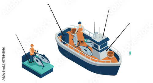 Fishermen with fresh catch on fishing boat in isometric style