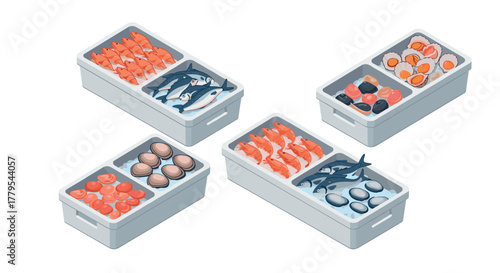 Fresh seafood assortment in isometric packing boxes on ice display