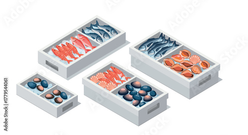 Isometric seafood display with fresh fish and shellfish in market boxes