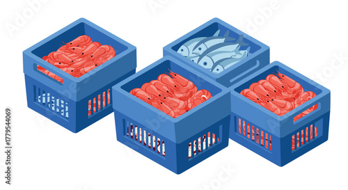 Fresh seafood in blue crates isometric design