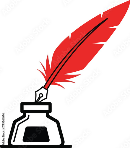 Red quill pen dipped into an inkwell symbolizing classic writing and education