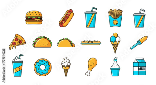 Colorful food icons, fast food set for menu design, vector graphics for restaurant promotion