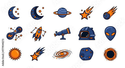 Space icons set for educational projects astronomy themes planets stars moons rockets