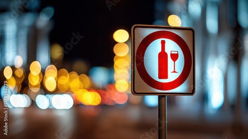 Sign prohibiting alcohol consumption in a public area at night.