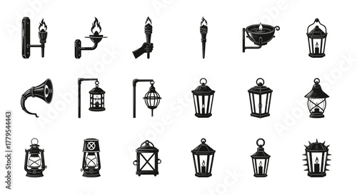 Vintage lighting collection, antique lanterns, old torches and lamps, vector art