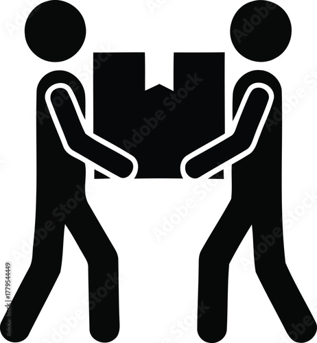 Two stick figures collaborating to carry a box, representing teamwork and delivery.