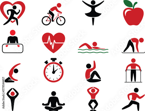 Set of vector health and wellness icons, including fitness activities, yoga icons, meditation, and healthy lifestyle symbols