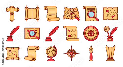 Explore vintage maps, scrolls, globes, and compasses for adventure or historical designs