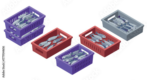 Fresh catch in colorful crates an isometric view of packed fish