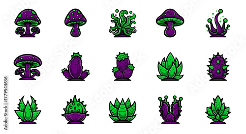 Enchanting fantasy fungi and plant life, whimsical botanical collection, vibrant and magical