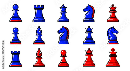 Vibrant chess pieces vector set for games, strategy, and design projects, modern board game